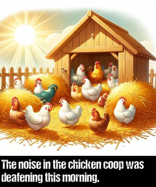 chicken: The noise in the chicken coop was deafening this morning.