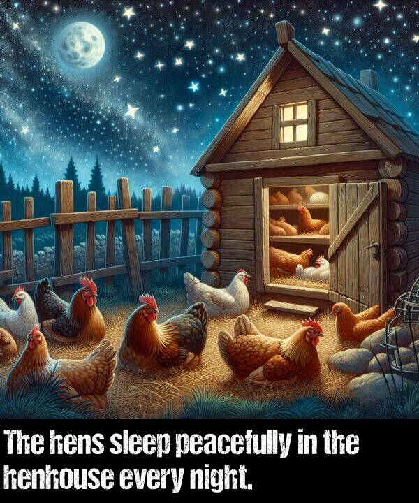 henhouse: The hens sleep peacefully in the henhouse every night.