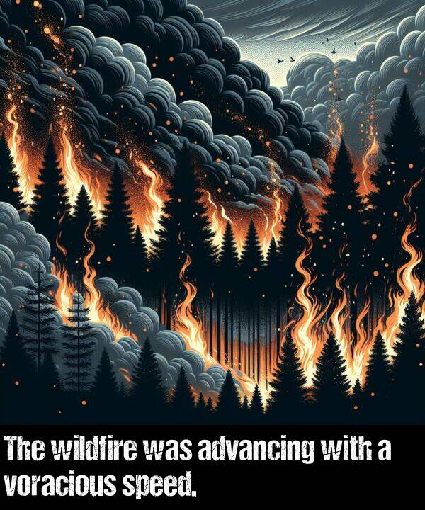 voracious: The wildfire was advancing with a voracious speed.