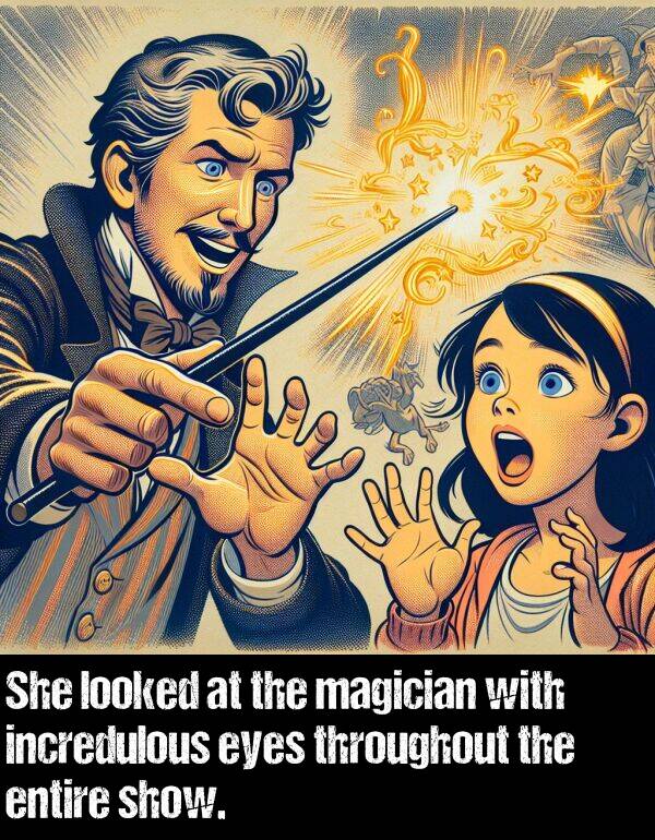 incredulous: She looked at the magician with incredulous eyes throughout the entire show.