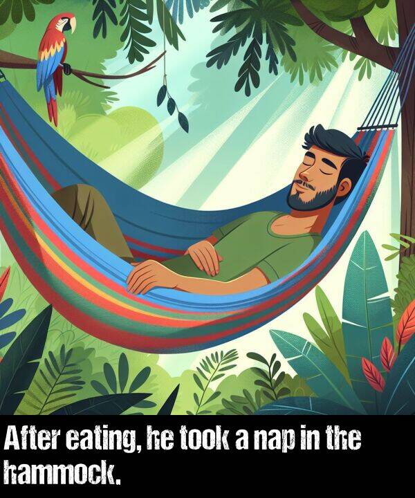 hammock: After eating, he took a nap in the hammock.