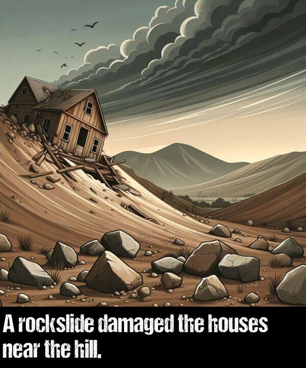 rockslide: A rockslide damaged the houses near the hill.