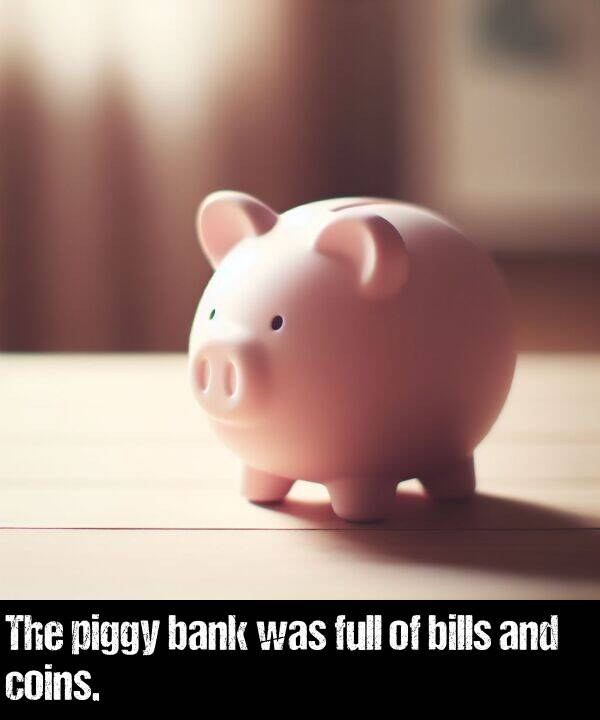 bank: The piggy bank was full of bills and coins.