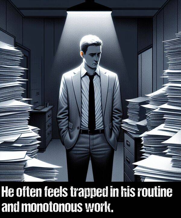 routine: He often feels trapped in his routine and monotonous work.