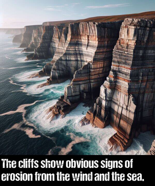 sea: The cliffs show obvious signs of erosion from the wind and the sea.