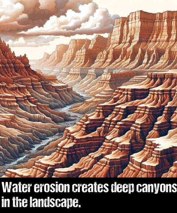 creates: Water erosion creates deep canyons in the landscape.