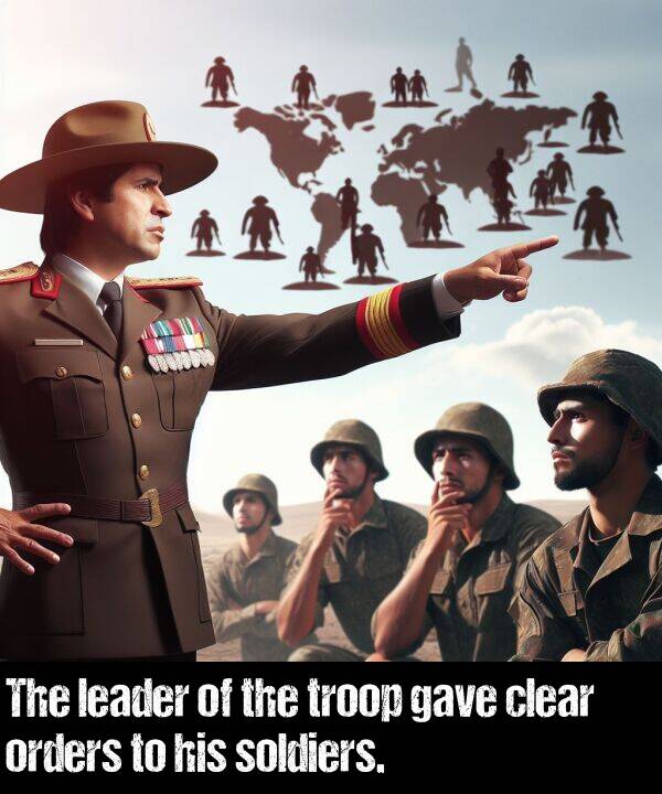 leader: The leader of the troop gave clear orders to his soldiers.