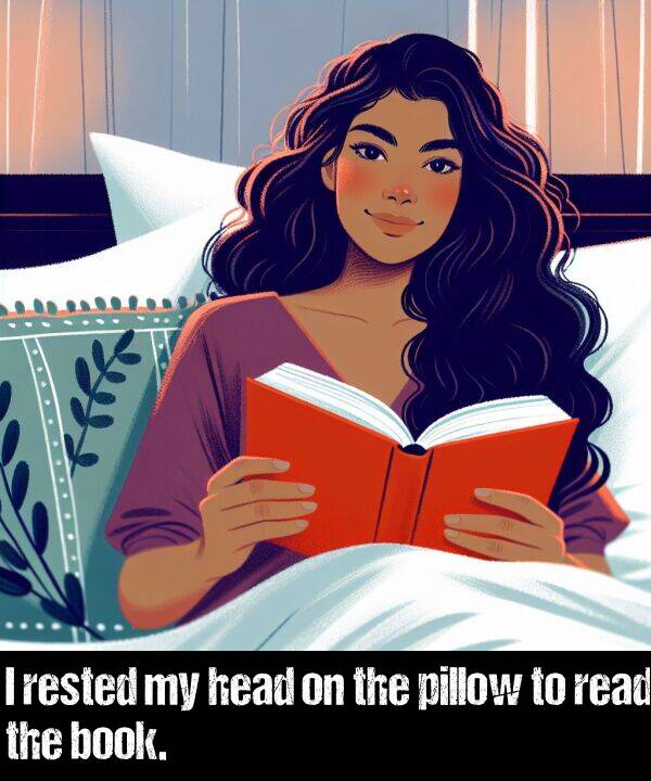 book: I rested my head on the pillow to read the book.