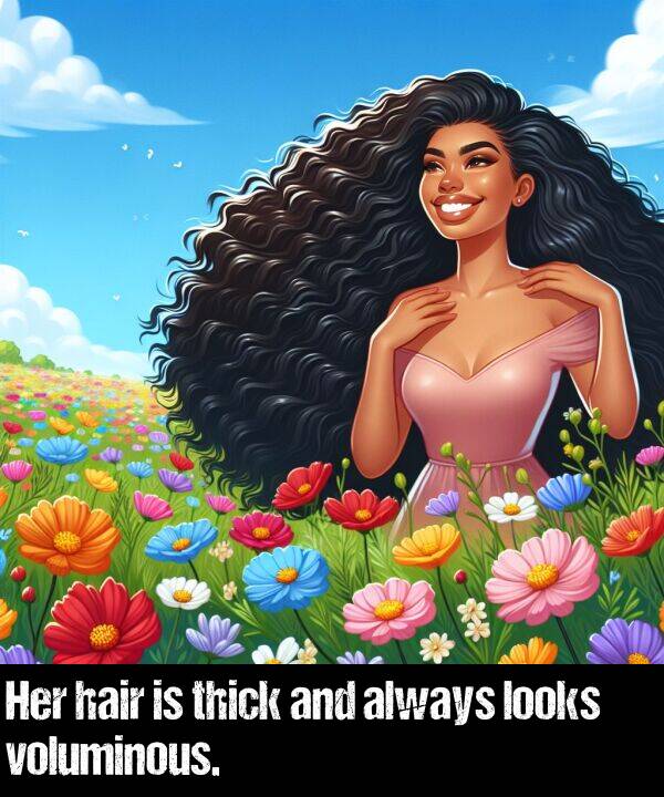 hair: Her hair is thick and always looks voluminous.