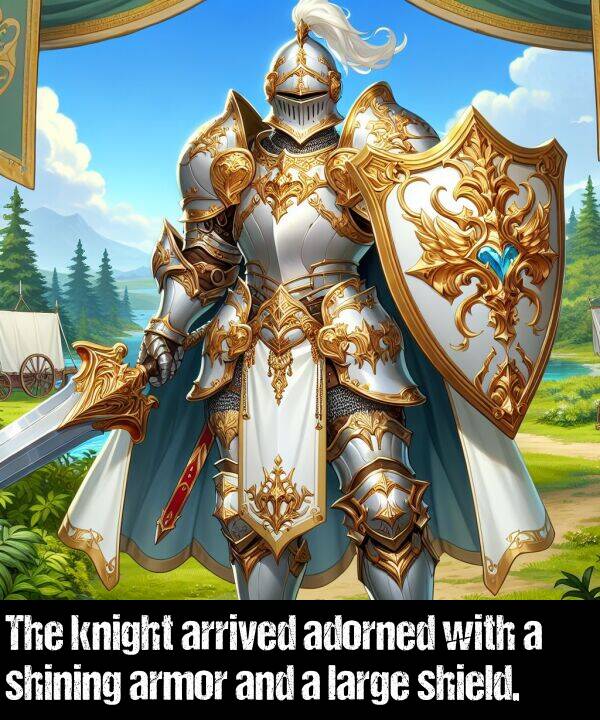 large: The knight arrived adorned with a shining armor and a large shield.