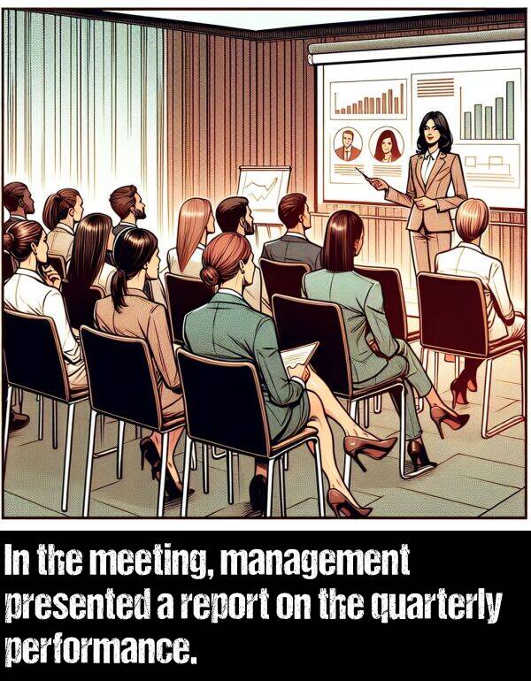 performance: In the meeting, management presented a report on the quarterly performance.