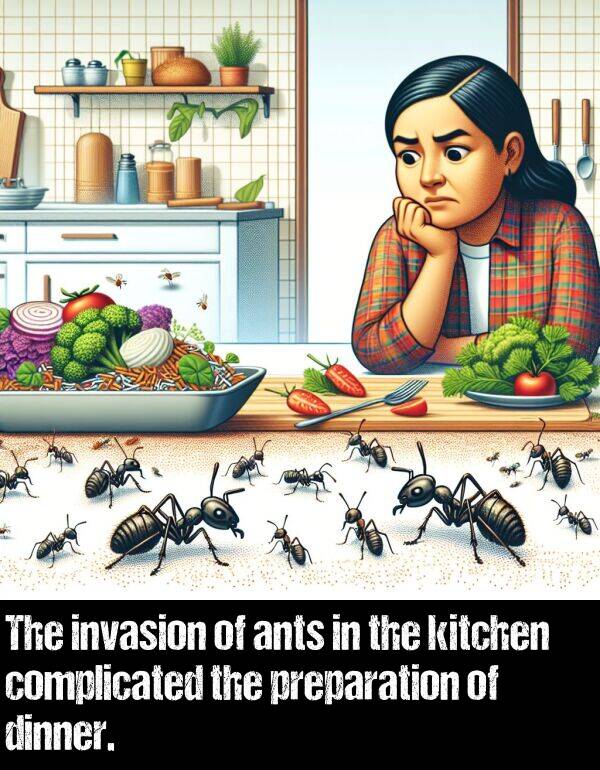 preparation: The invasion of ants in the kitchen complicated the preparation of dinner.