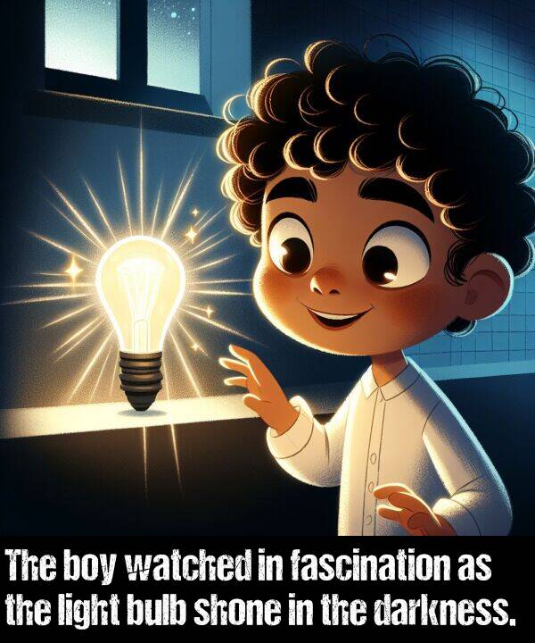 boy: The boy watched in fascination as the light bulb shone in the darkness.