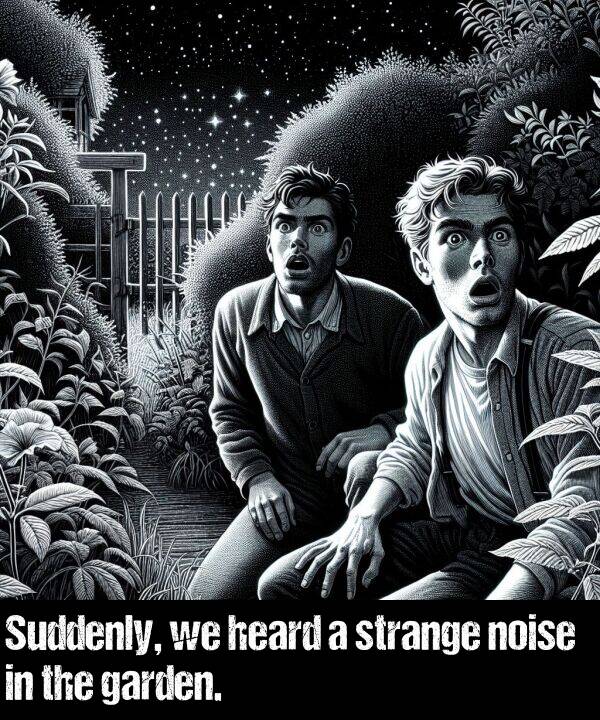 heard: Suddenly, we heard a strange noise in the garden.