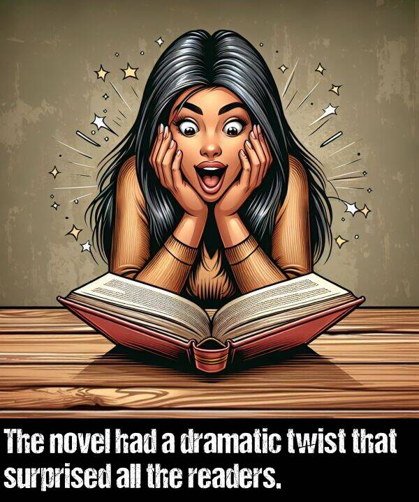 twist: The novel had a dramatic twist that surprised all the readers.