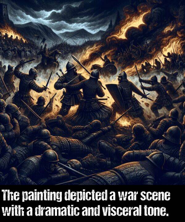 war: The painting depicted a war scene with a dramatic and visceral tone.