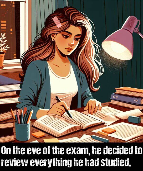 eve: On the eve of the exam, he decided to review everything he had studied.