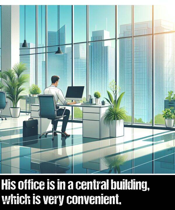 building: His office is in a central building, which is very convenient.