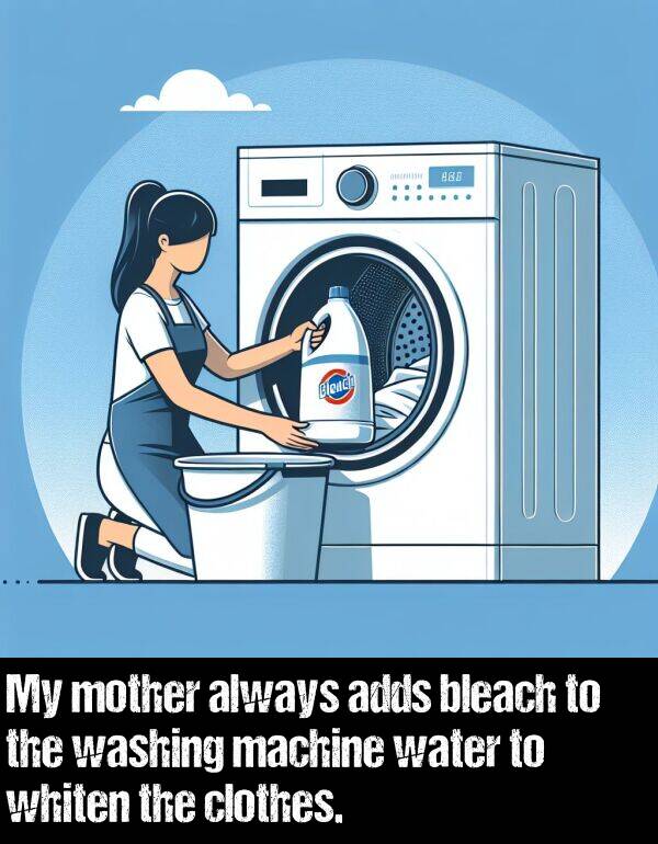 bleach: My mother always adds bleach to the washing machine water to whiten the clothes.