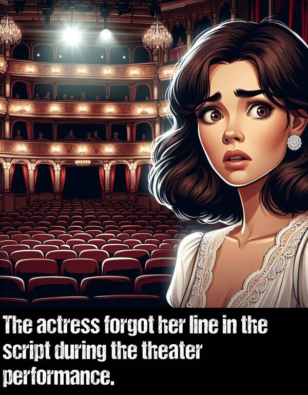 performance: The actress forgot her line in the script during the theater performance.