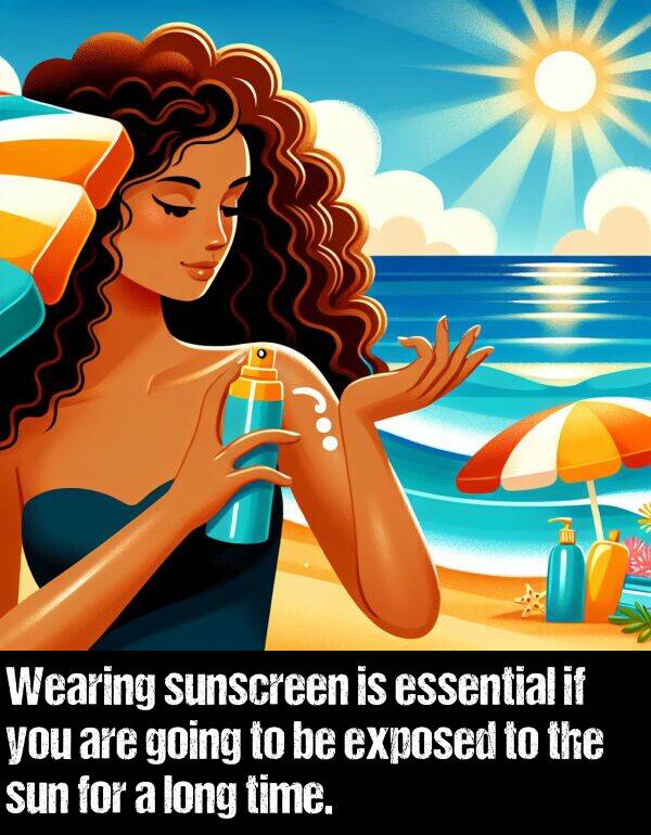 essential: Wearing sunscreen is essential if you are going to be exposed to the sun for a long time.