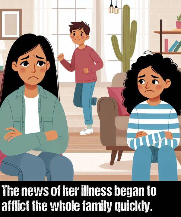 illness: The news of her illness began to afflict the whole family quickly.