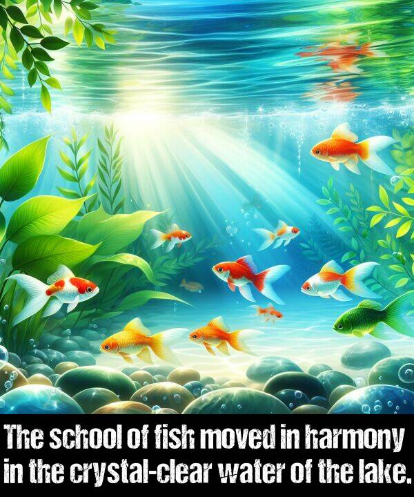 school: The school of fish moved in harmony in the crystal-clear water of the lake.