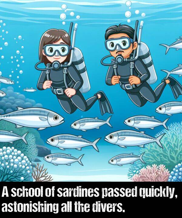 school: A school of sardines passed quickly, astonishing all the divers.