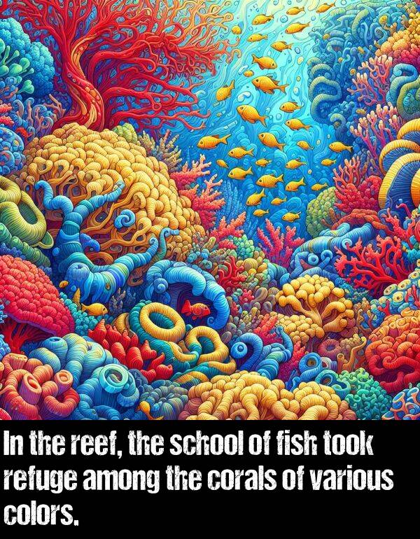 among: In the reef, the school of fish took refuge among the corals of various colors.