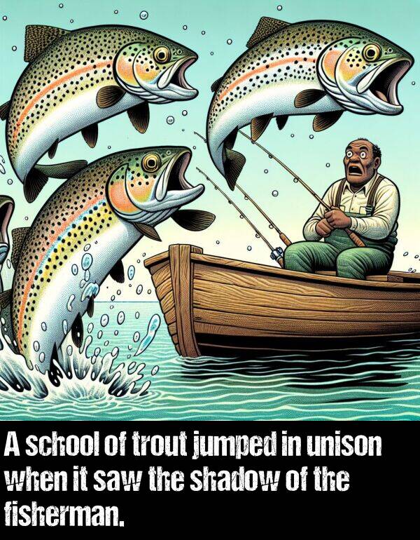 shadow: A school of trout jumped in unison when it saw the shadow of the fisherman.