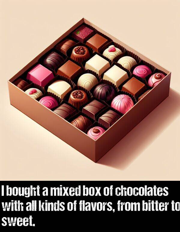 bitter: I bought a mixed box of chocolates with all kinds of flavors, from bitter to sweet.