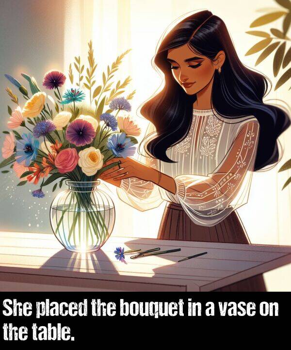 placed: She placed the bouquet in a vase on the table.