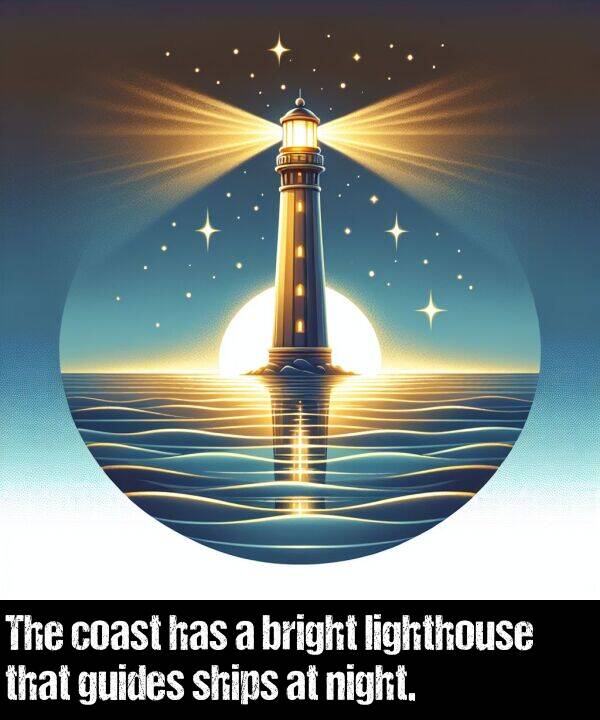 night: The coast has a bright lighthouse that guides ships at night.