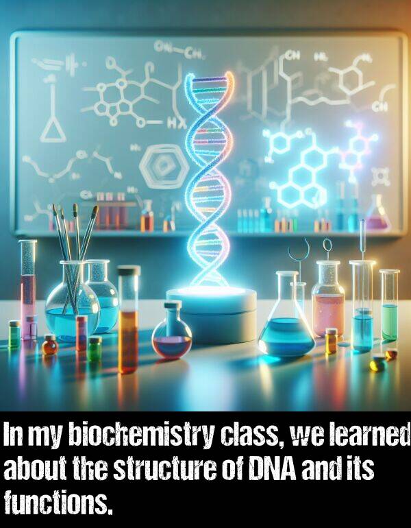 biochemistry: In my biochemistry class, we learned about the structure of DNA and its functions.