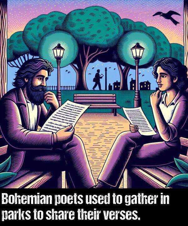 poets: Bohemian poets used to gather in parks to share their verses.