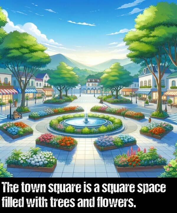 trees: The town square is a square space filled with trees and flowers.