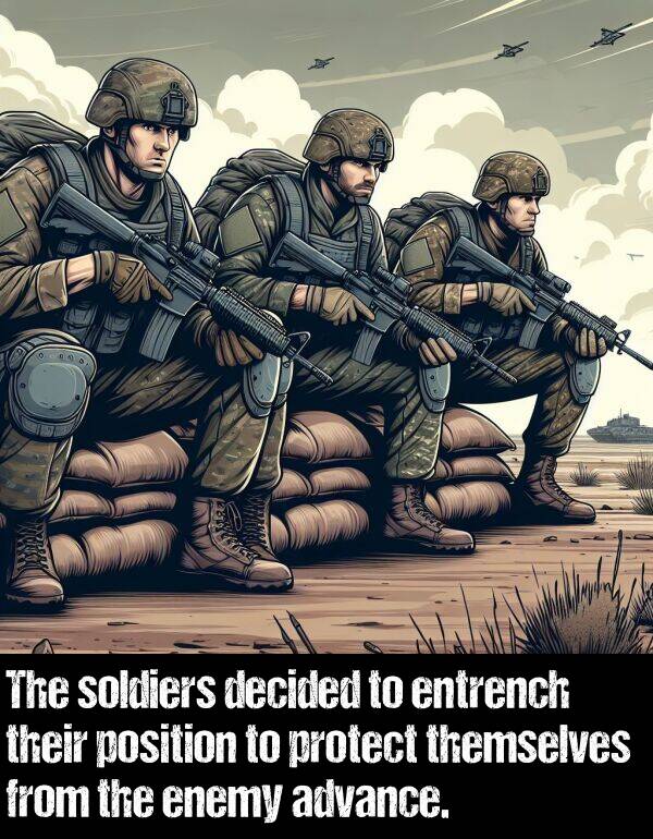 enemy: The soldiers decided to entrench their position to protect themselves from the enemy advance.