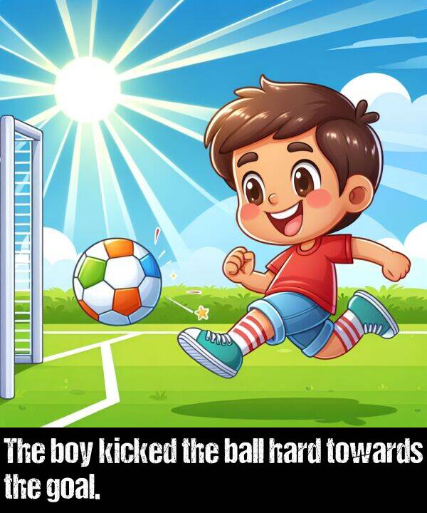 boy: The boy kicked the ball hard towards the goal.