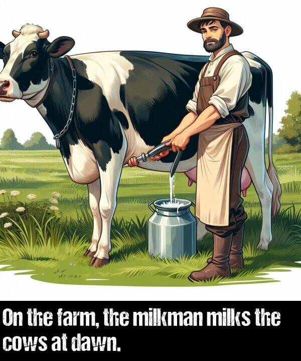 cows: On the farm, the milkman milks the cows at dawn.