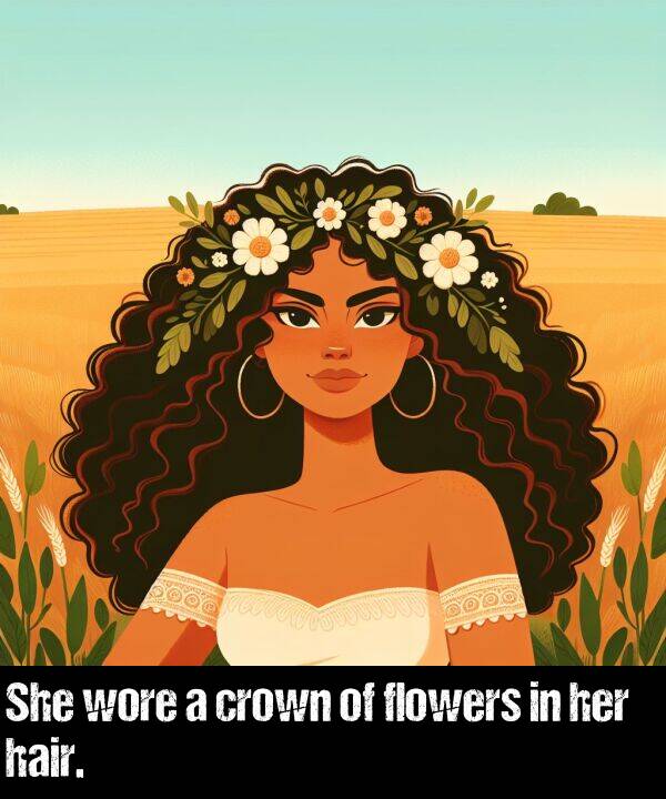 crown: She wore a crown of flowers in her hair.