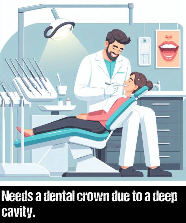 crown: Needs a dental crown due to a deep cavity.