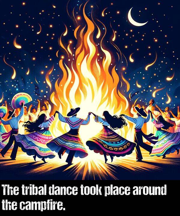 around: The tribal dance took place around the campfire.