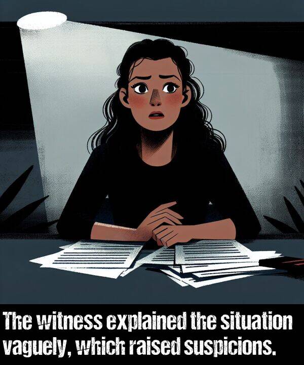 which: The witness explained the situation vaguely, which raised suspicions.