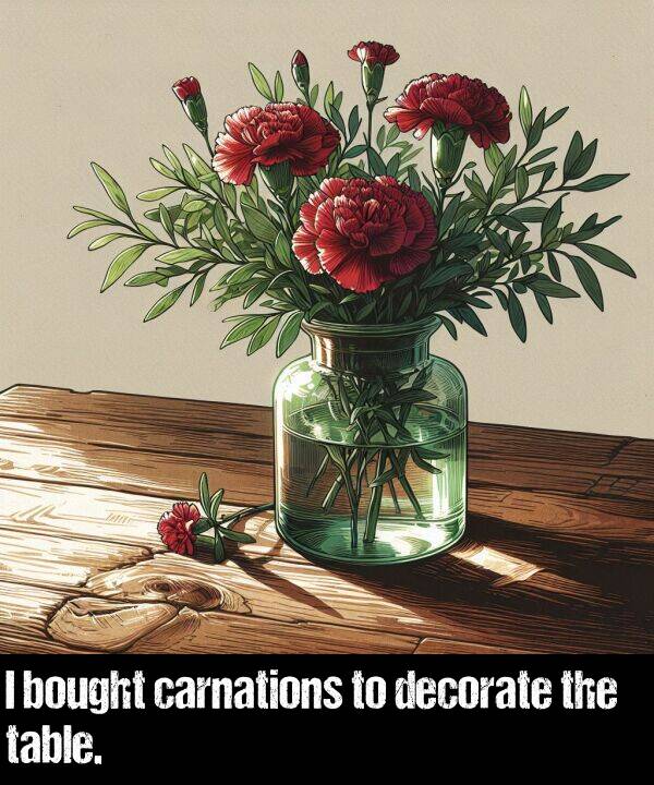 bought: I bought carnations to decorate the table.