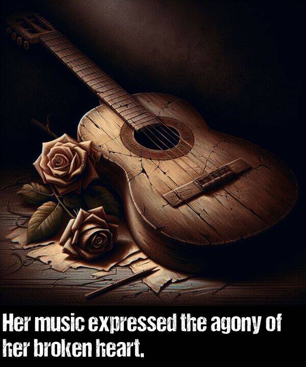 music: Her music expressed the agony of her broken heart.