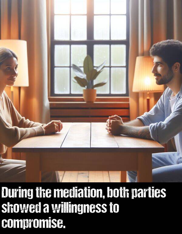 willingness: During the mediation, both parties showed a willingness to compromise.