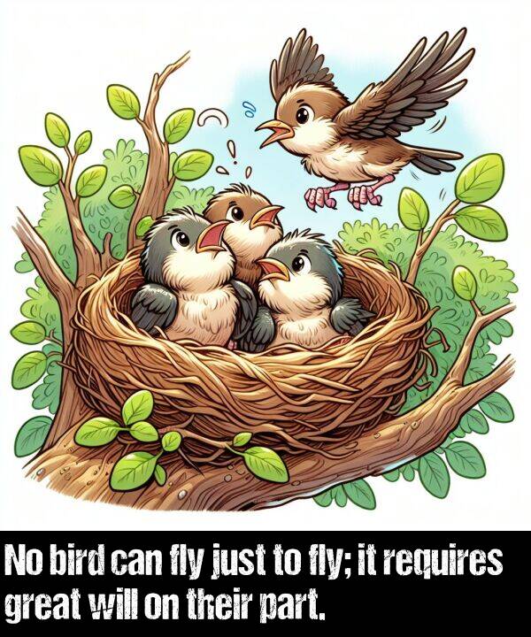 just: No bird can fly just to fly; it requires great will on their part.