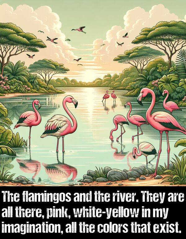 colors: The flamingos and the river. They are all there, pink, white-yellow in my imagination, all the colors that exist.