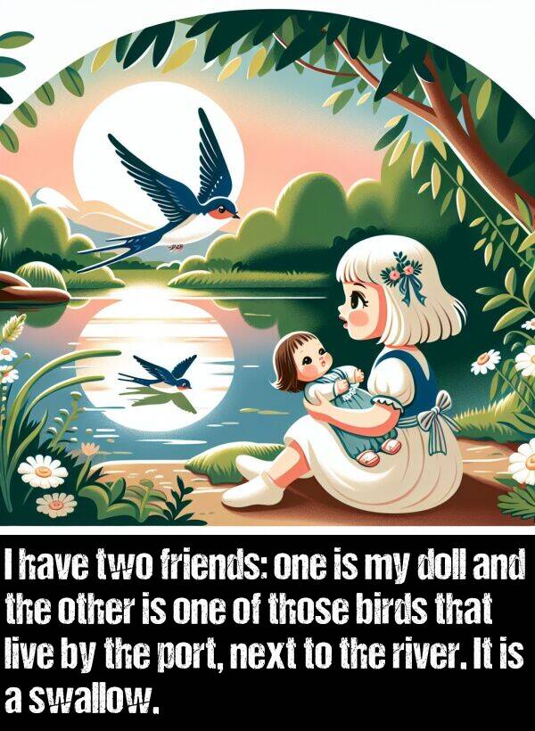 live: I have two friends: one is my doll and the other is one of those birds that live by the port, next to the river. It is a swallow.