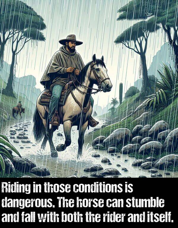 both: Riding in those conditions is dangerous. The horse can stumble and fall with both the rider and itself.